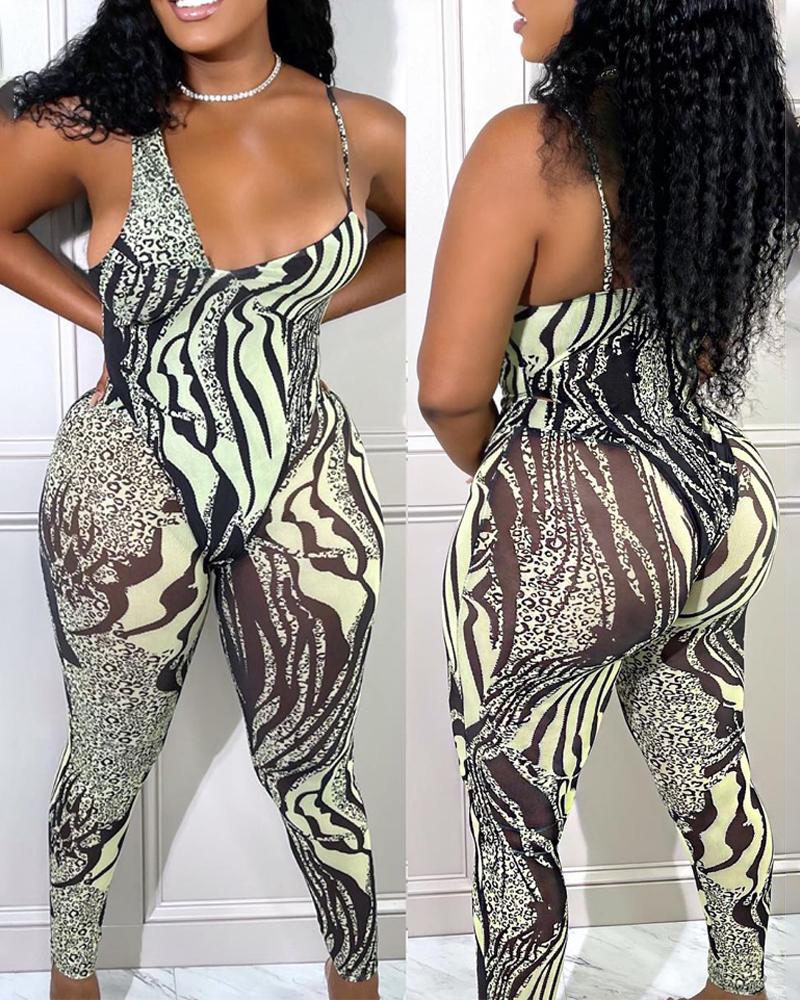 

Leopard Zebra Stripe Print Asymmetrical Neck Jumpsuit, Black