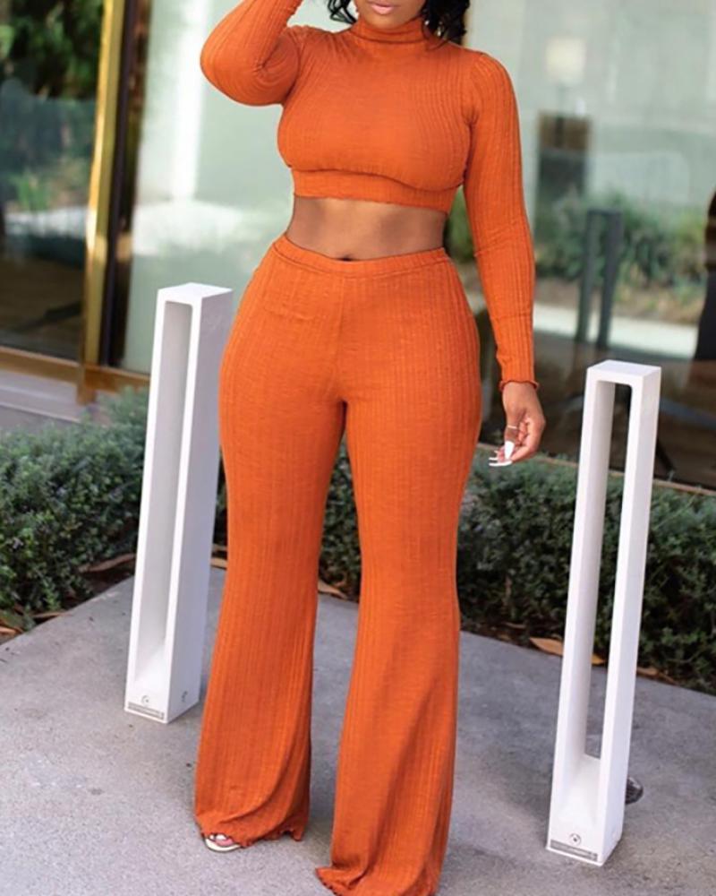 

Ribbed Crop Women Top & Wide Leg Pants Set, Orange