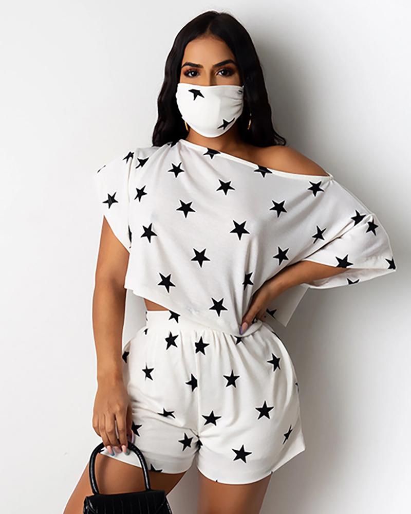 

Star Print Casual Top With Face Bandana & Shorts Set, White