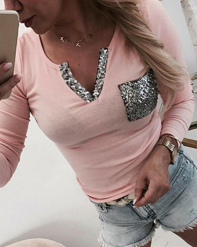 

V Neck Sequin Pocket Top, Pink