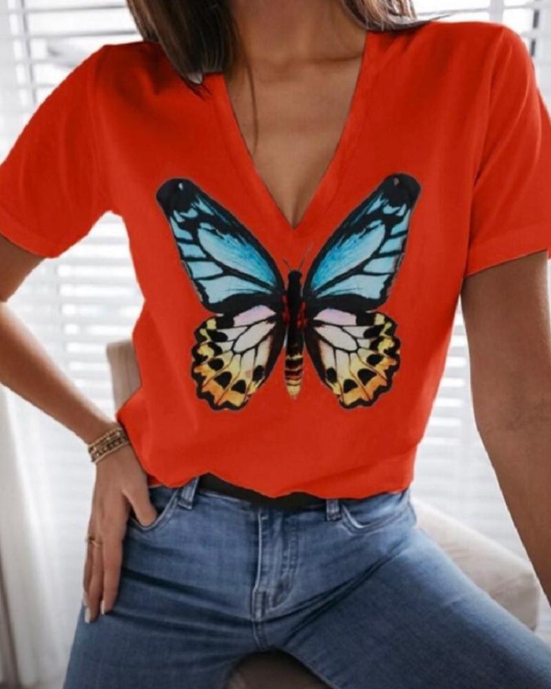 

Butterfly Print Short Sleeve Casual T-Shirt, Red