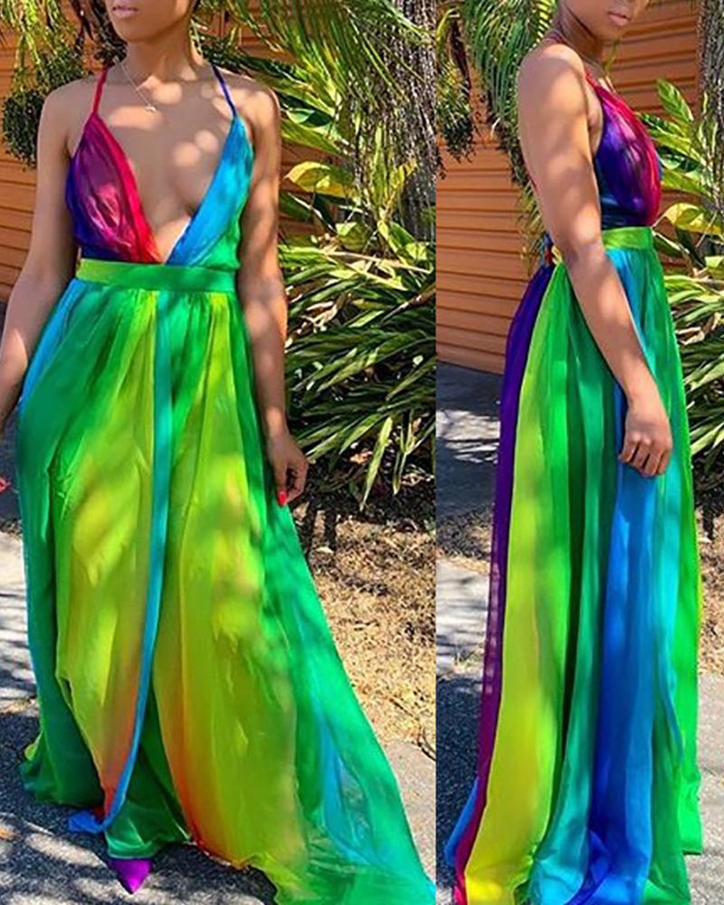 

Crisscross Backless Striped Ombre Colorblock Maxi Dress, Green