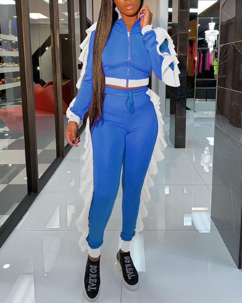 

Ruffle Hem Long Sleeve Zip Up Top & Drawstring Pants Set, Blue