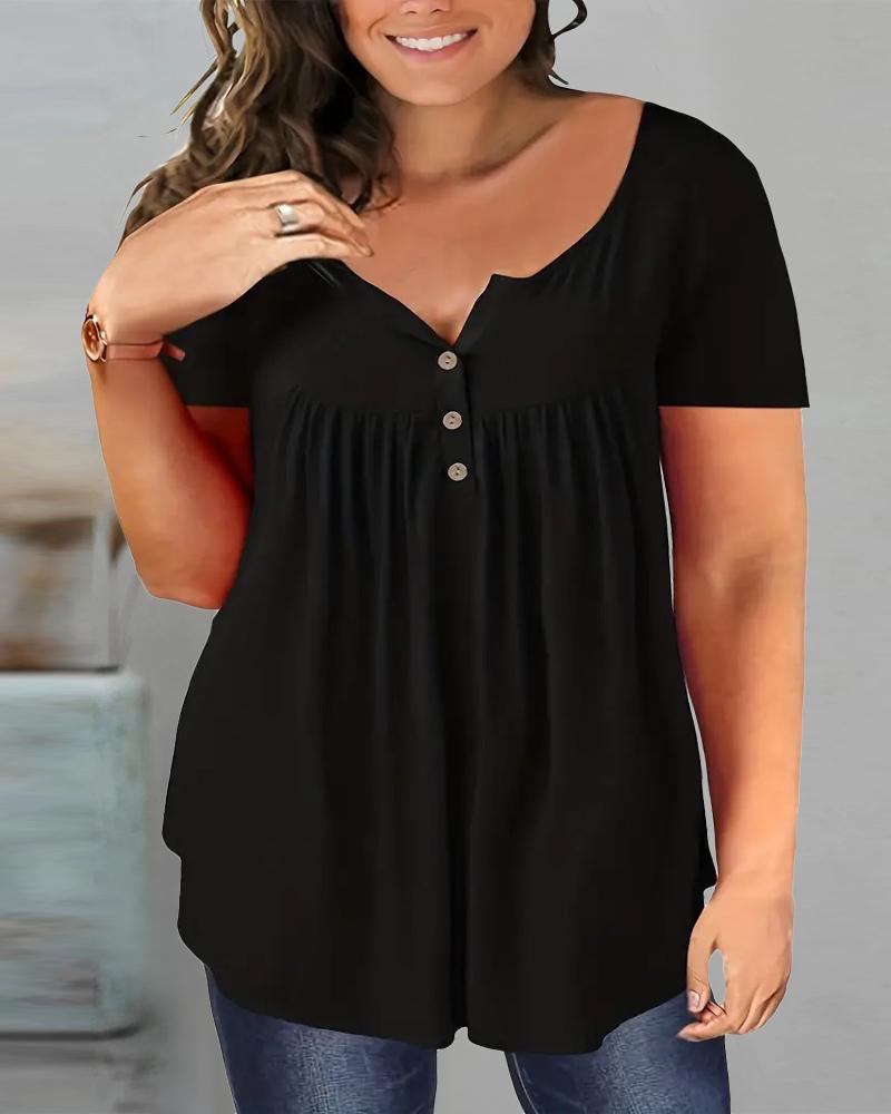 

Plus Size Ruched Buttoned Short Sleeve Top, Black