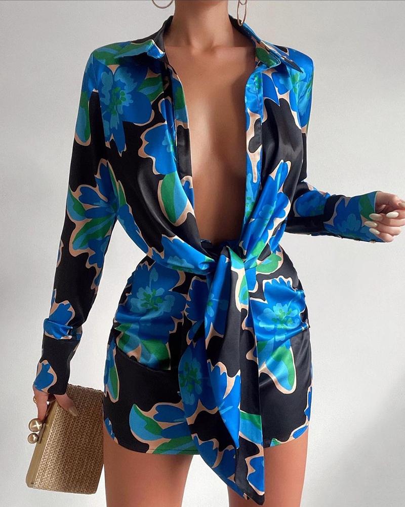 

Floral Print Long Sleeve Knotted Shirt Dress, Blue