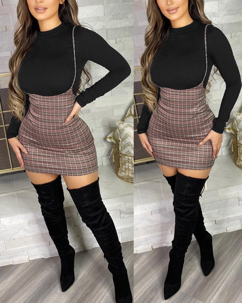

Long Sleeve Top & Plaid Print Suspender Skirt Set, Multicolor