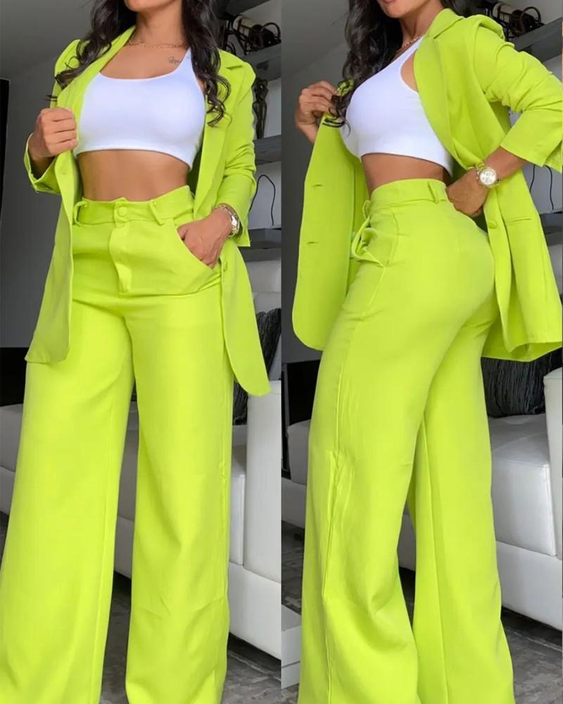 

Notched Collar Blazer Coat & Pocket Design Pants Set, Green