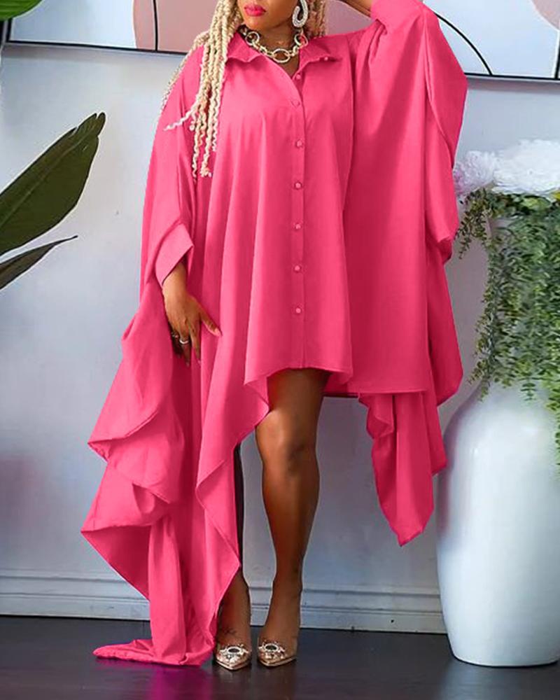 

Plus Size Batwing Sleeve Asymmetrical Shirt Dress, Hot pink