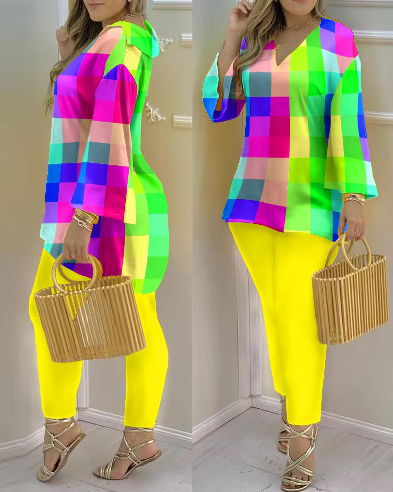 

Colorful Plaid Print Bell Sleeve Casual Top & Pants Set, Yellow