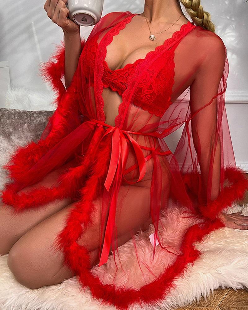 

Feather Trim Bell Sleeve Sheer Mesh Robe, Red