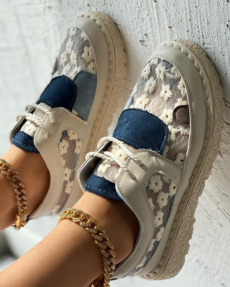 

Floral Embroidery Lace-up Slip-On Sneakers, Beige