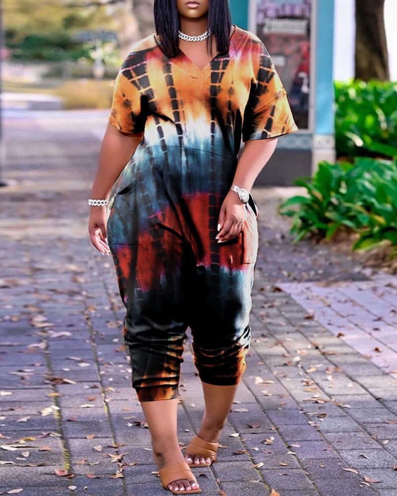 

Tie Dye Print Short Sleeve Pocket Design Jumpsuit, Orange