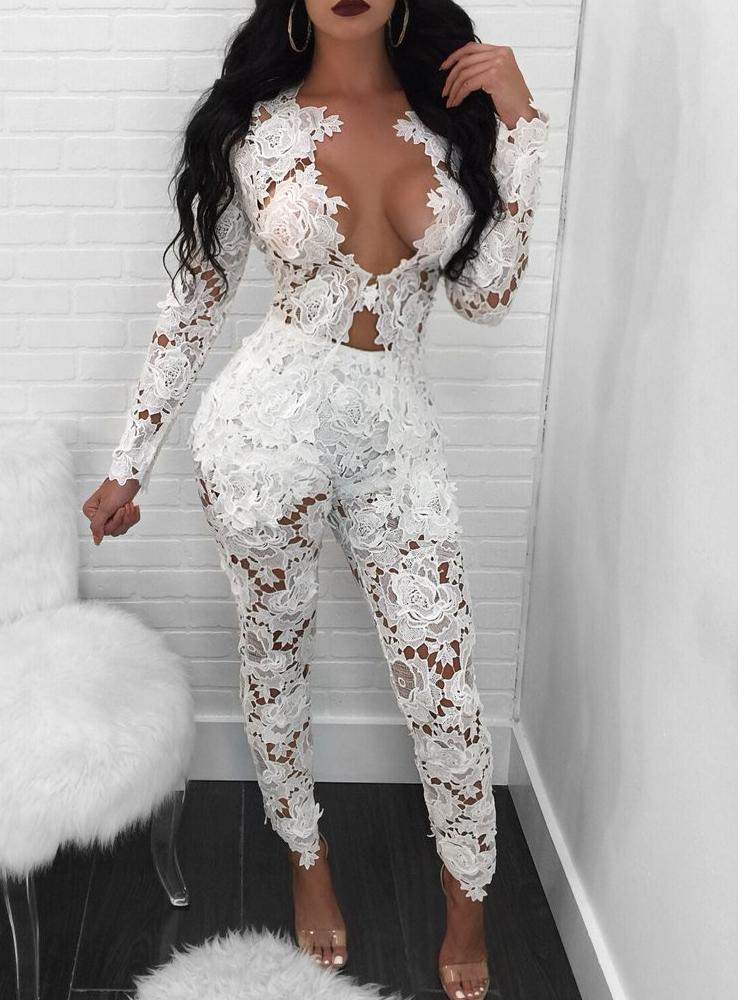 

Lace Crochet Open Front Blazer Pants Set, White