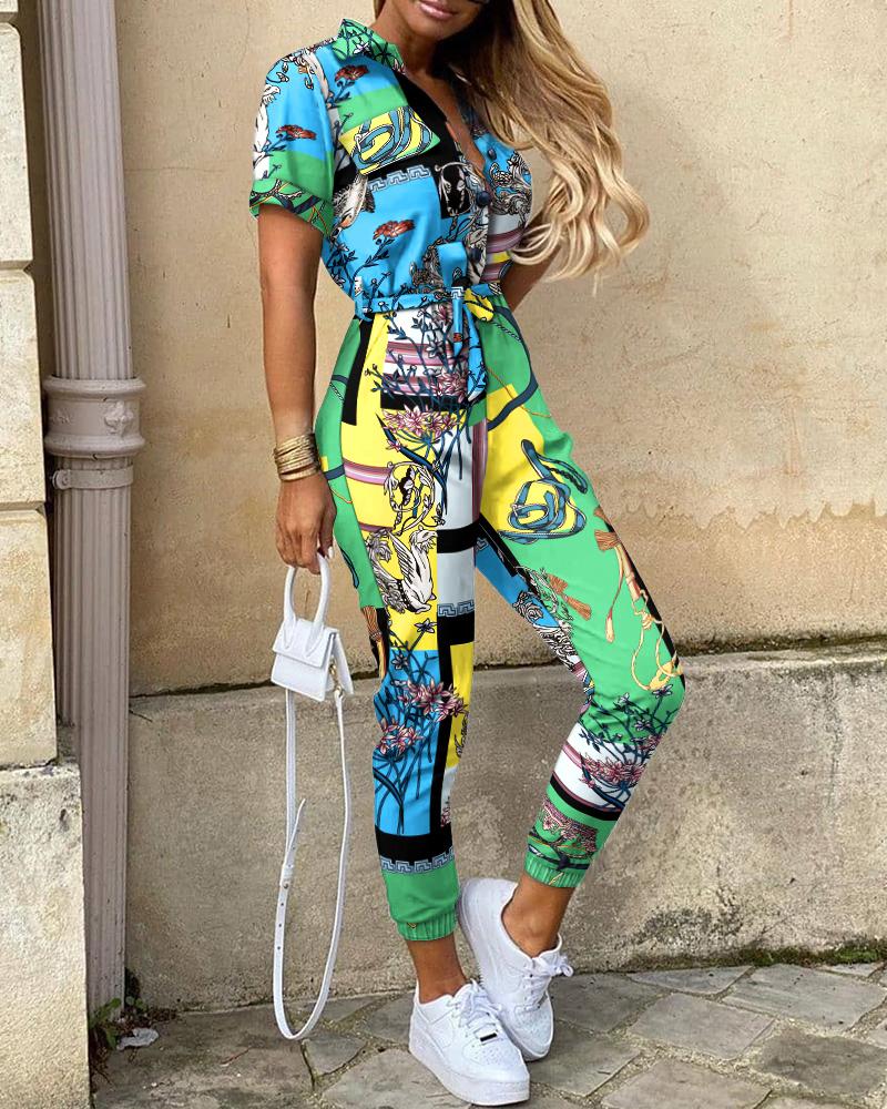 

Scarf Print Button Front Belted Jumpsuit, Multicolor