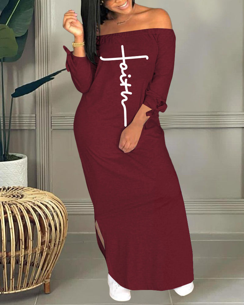 

Letter Print Off Shoulder Split Hem Casual Dress, Wine red