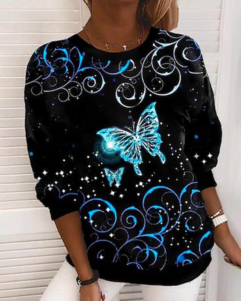

Butterfly Print Long Sleeve Casual Top, Black
