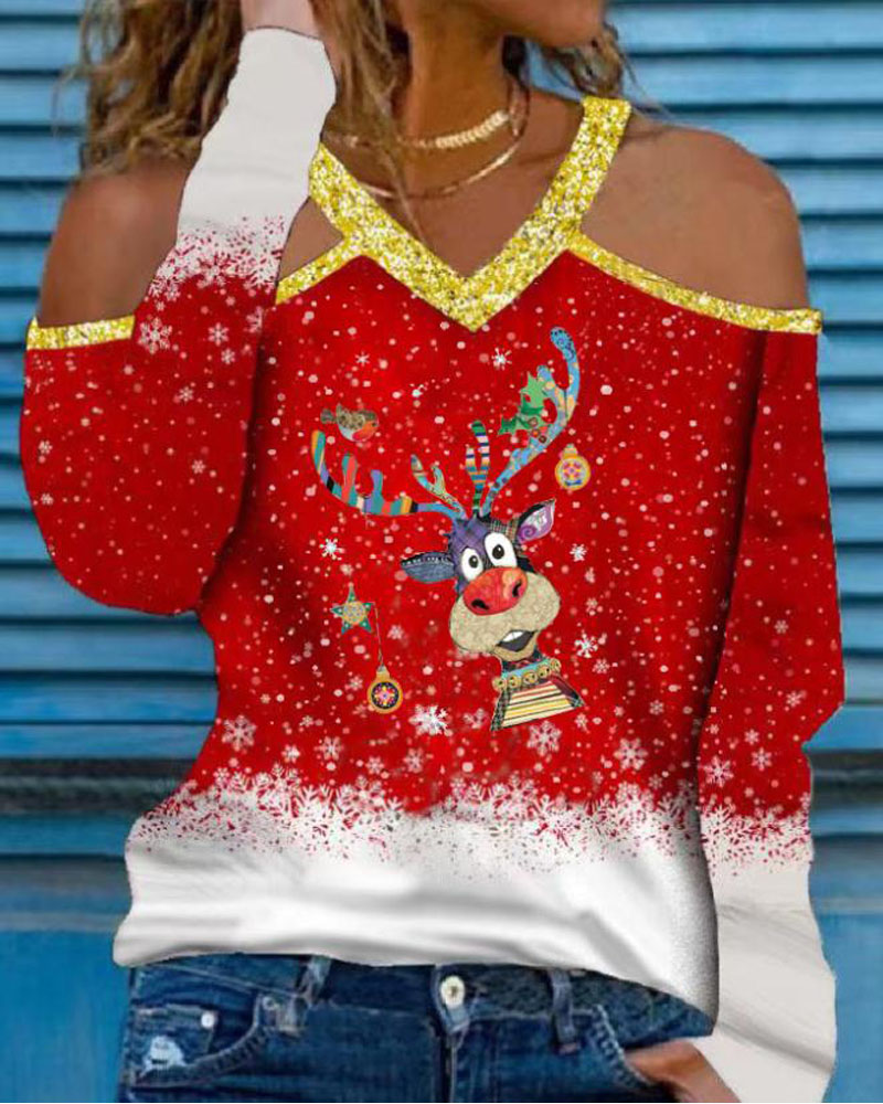 

Christmas Cartoon Elk Snowflake Print Cold Shoulder Top, Red