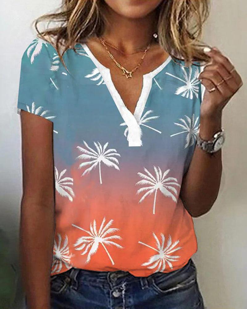 

Ombre Coconut Tree Print Notch Neck Top, Multicolor