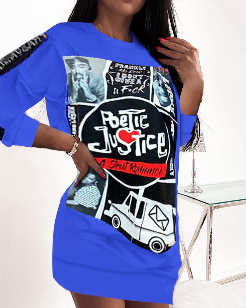 

Graphic Print Long Sleeve Casual Dress, Blue