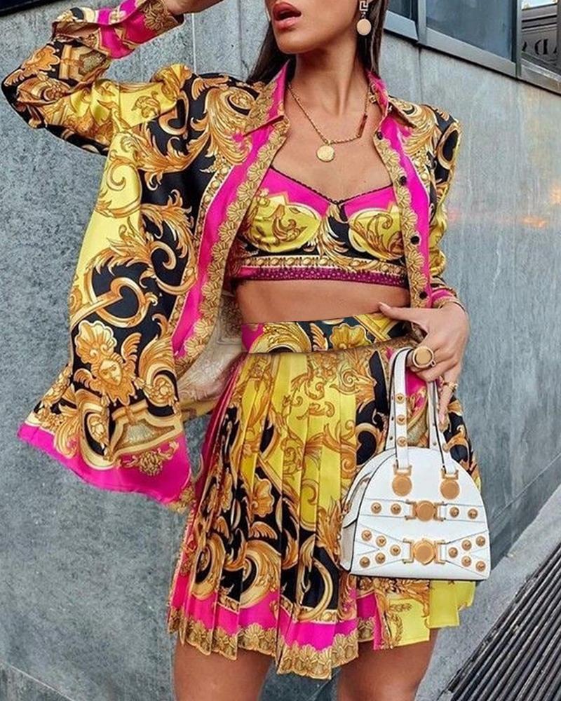 

All Over Print Cami Top & Pleated Skirt Set With Coat, Multicolor