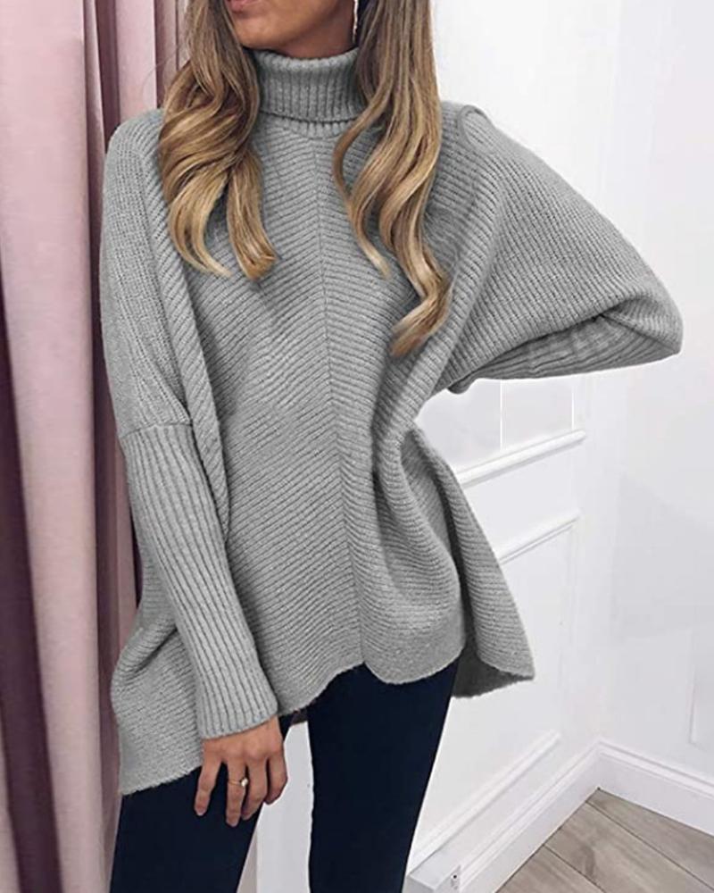 

Turtle Neck Plain Bat Wing Sleeve Sweater, Gray
