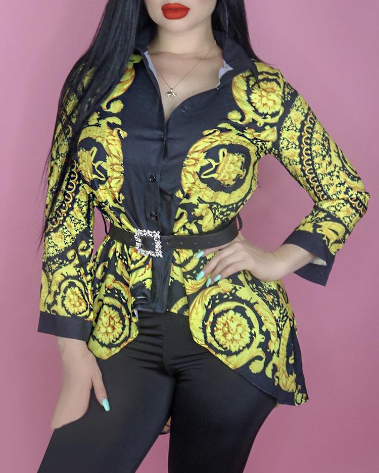 

Scarf Print Buttoned Dip Hem Shirt, Gold