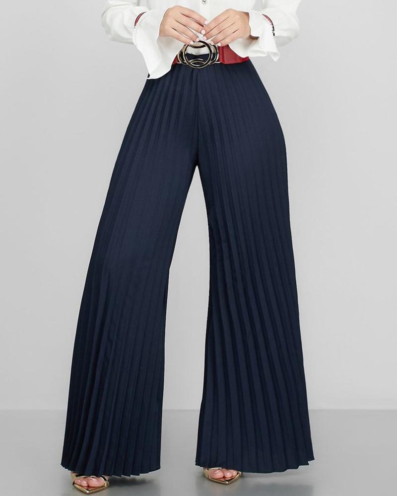 

Solid Pleated Wide Leg Casual Pant, Dark blue