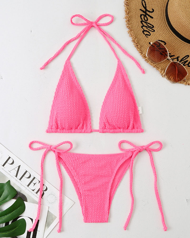 

Textured Tied Detail Halter Bikini Set, Pink