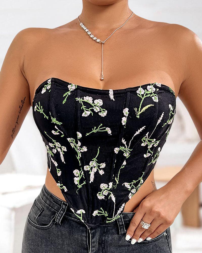 

Floral Embroidery Bandeau Hanky Hem Corset Top, Black