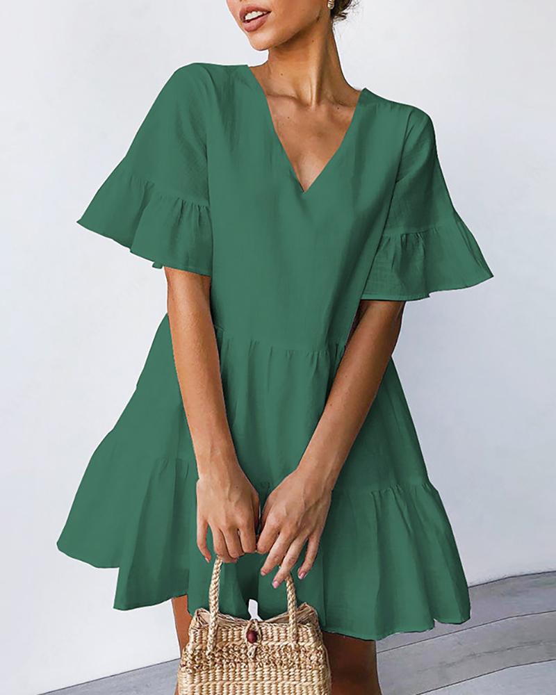 

Ruffles Short Sleeve V-Neck Casual Dress, Green