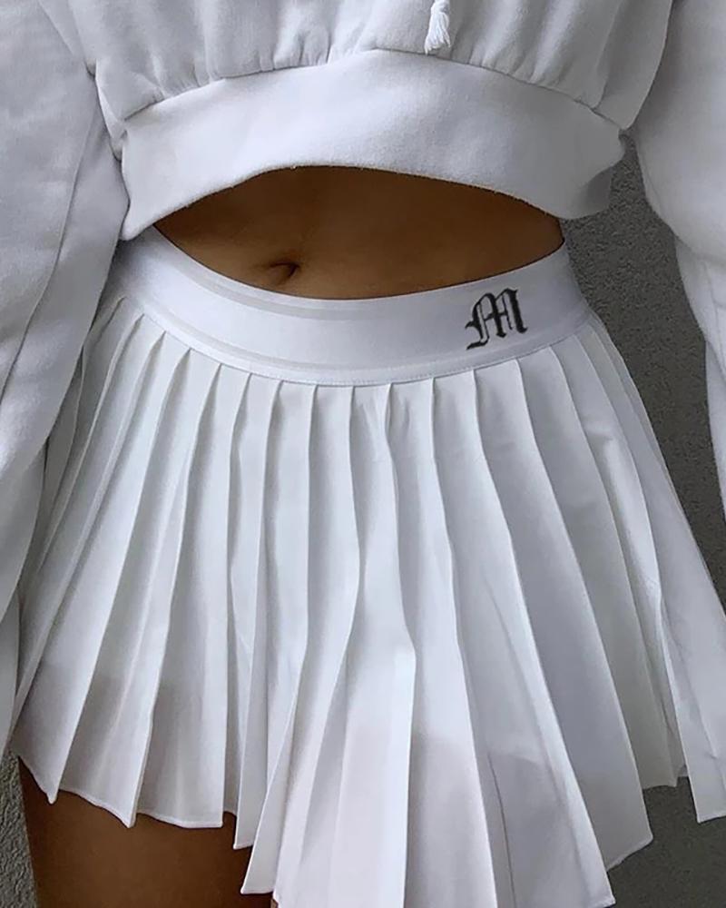 

Elastic Waist Letter Embroidery Pleated Skirt, White