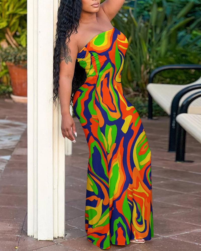 

Multi-Color Abstract Print Bandeau Mermaid Dress, Orange