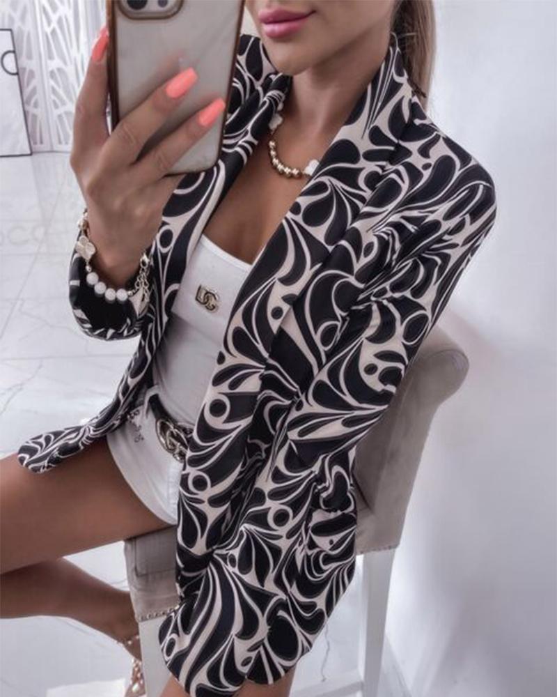 

Graphic Print Shawl Collar Long Sleeve Blazer, Black