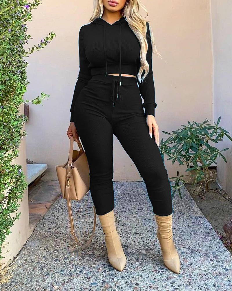 

Plain Hooded Top & Drawstring Pants Set, Black