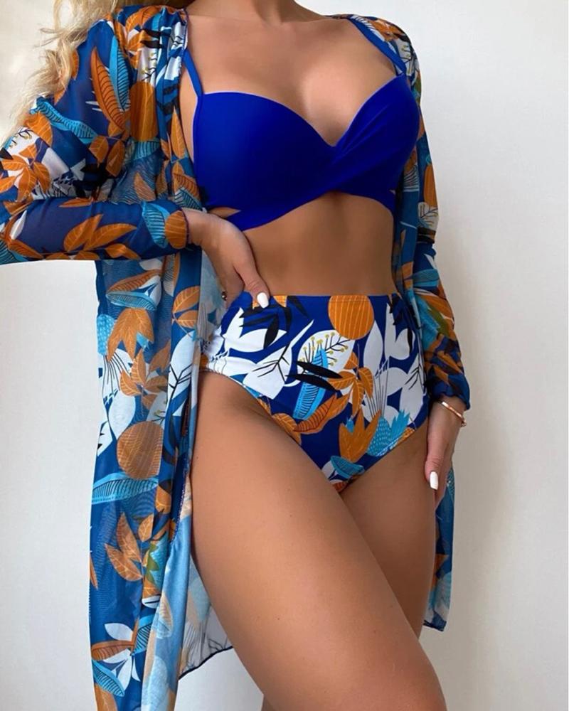 

3PCS Plants Print Crisscross High Waist Bikini Set With Cover Up, Blue