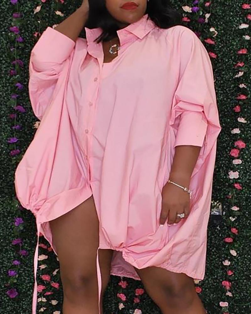 

Batwing Sleeve Drawstring Buttoned Shirt Dress, Pink