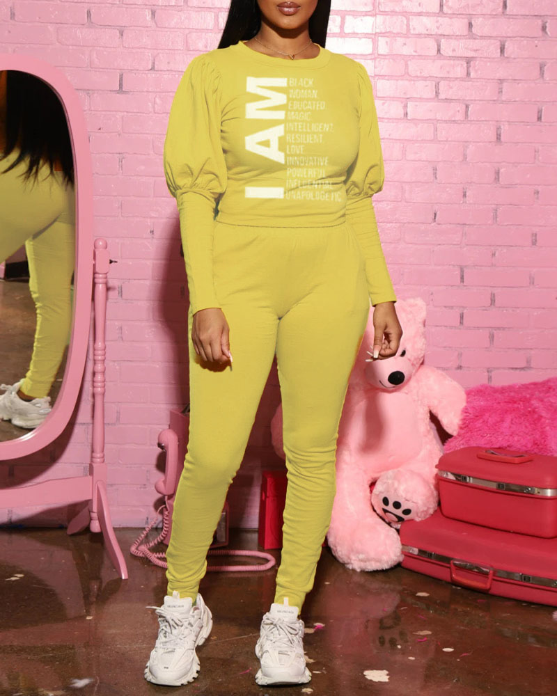 

Letter Print Puff Sleeve Top & Drawstring Pants Set, Yellow