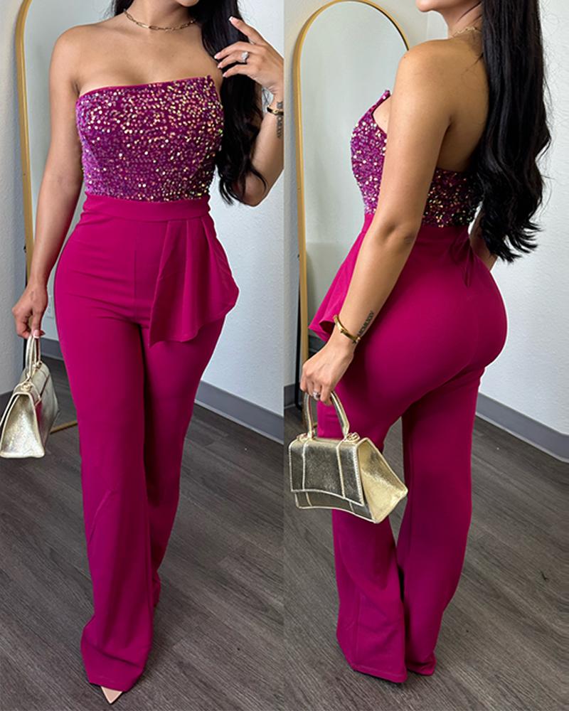 

Contrast Sequin Asymmetrical Hem Jumpsuit, Hot pink