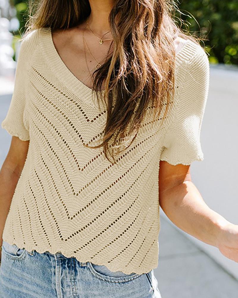 

Hollow-out Short Sleeve Rib Knit Top, Khaki