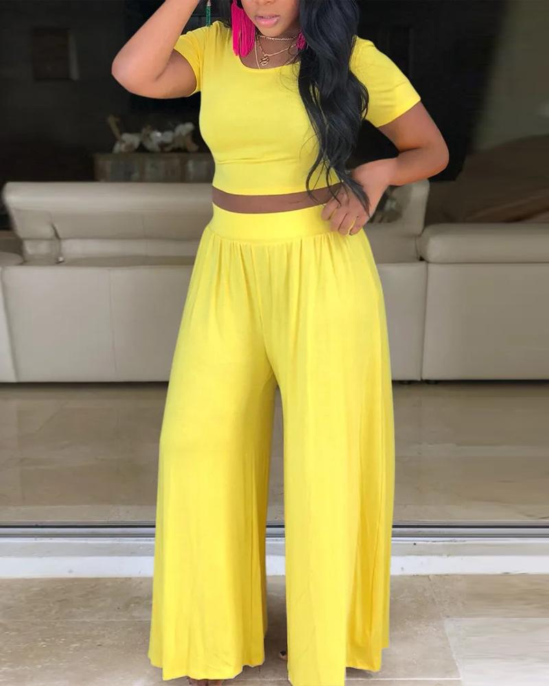 

Plain Crop Top & Wide Leg Pants Set, Yellow