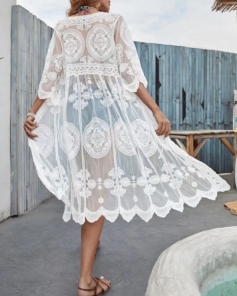 

Short Sleeve Geometric Pattern Lace Cover Up, White