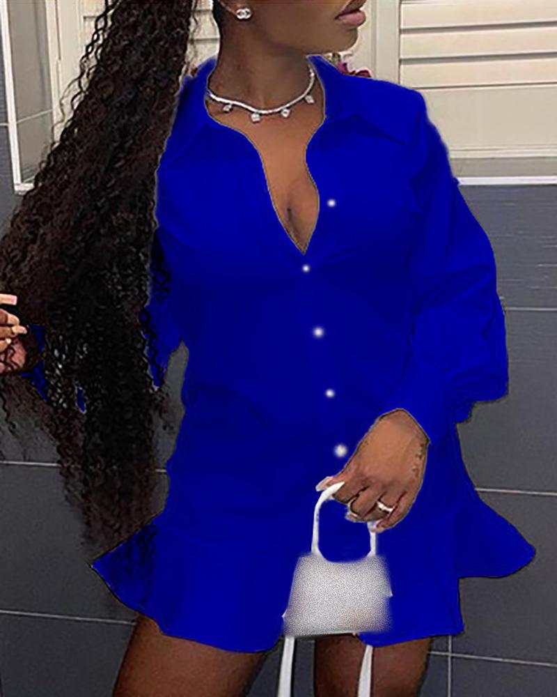 

Ruffle Hem Lantern Sleeve Buttoned Shirt Dress, Blue
