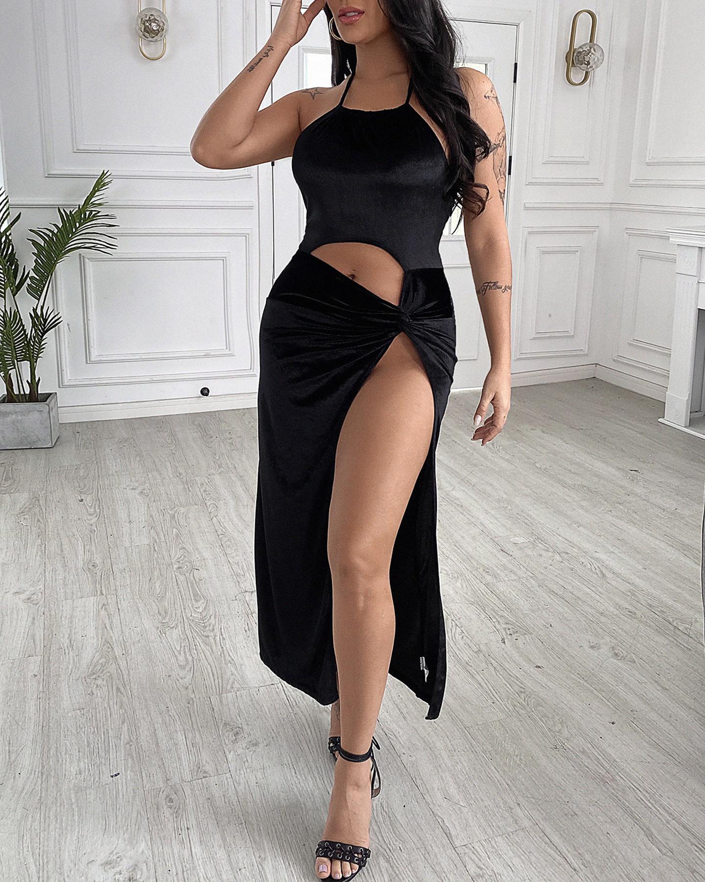 

Halter Cutout Plain High Slit Maxi Dress, Black