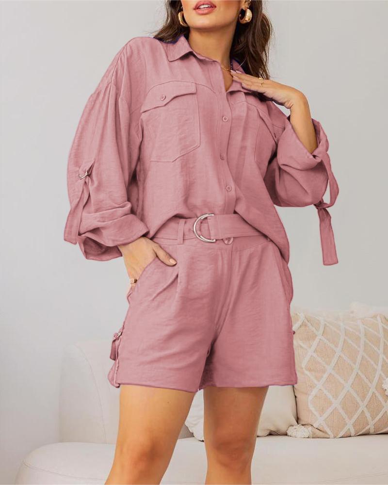 

Roll Up Sleeve Pocket Design Shirt & Shorts Set, Pink