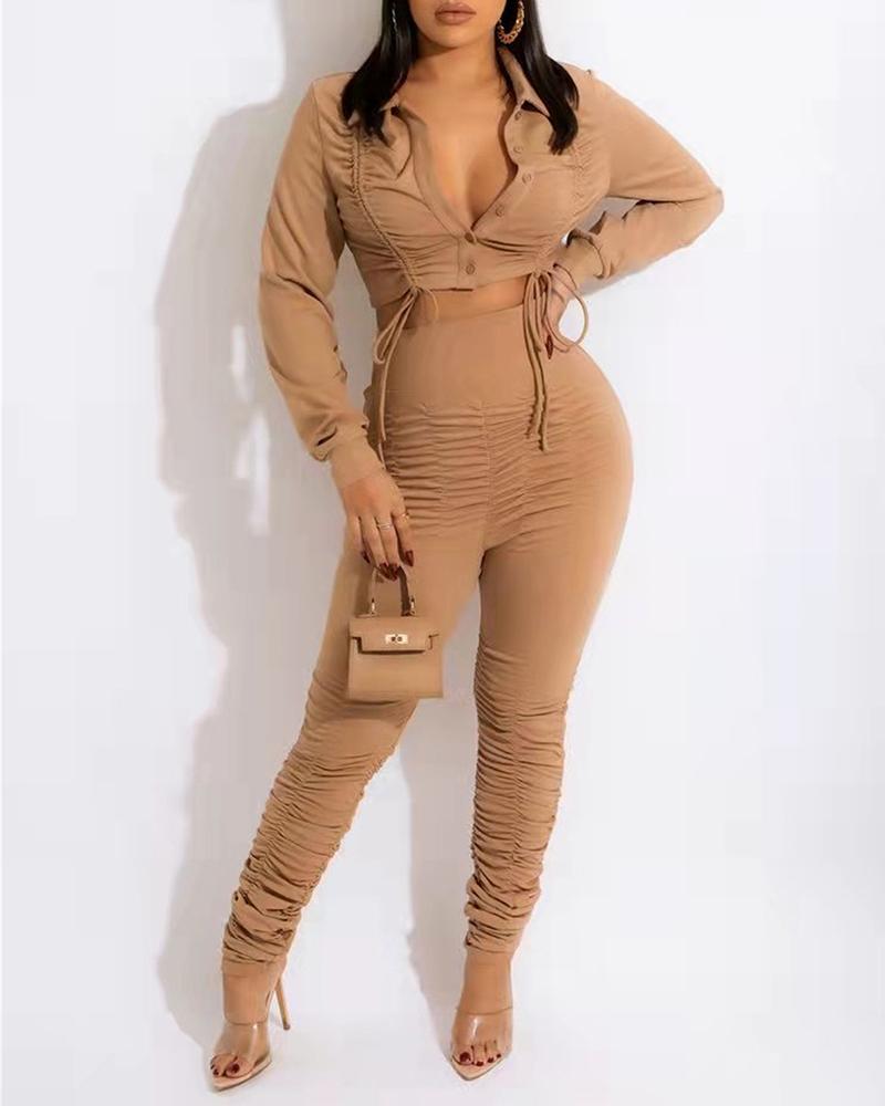 

Buttoned Drawstring Top & Ruched High Waist Pants Set, Khaki