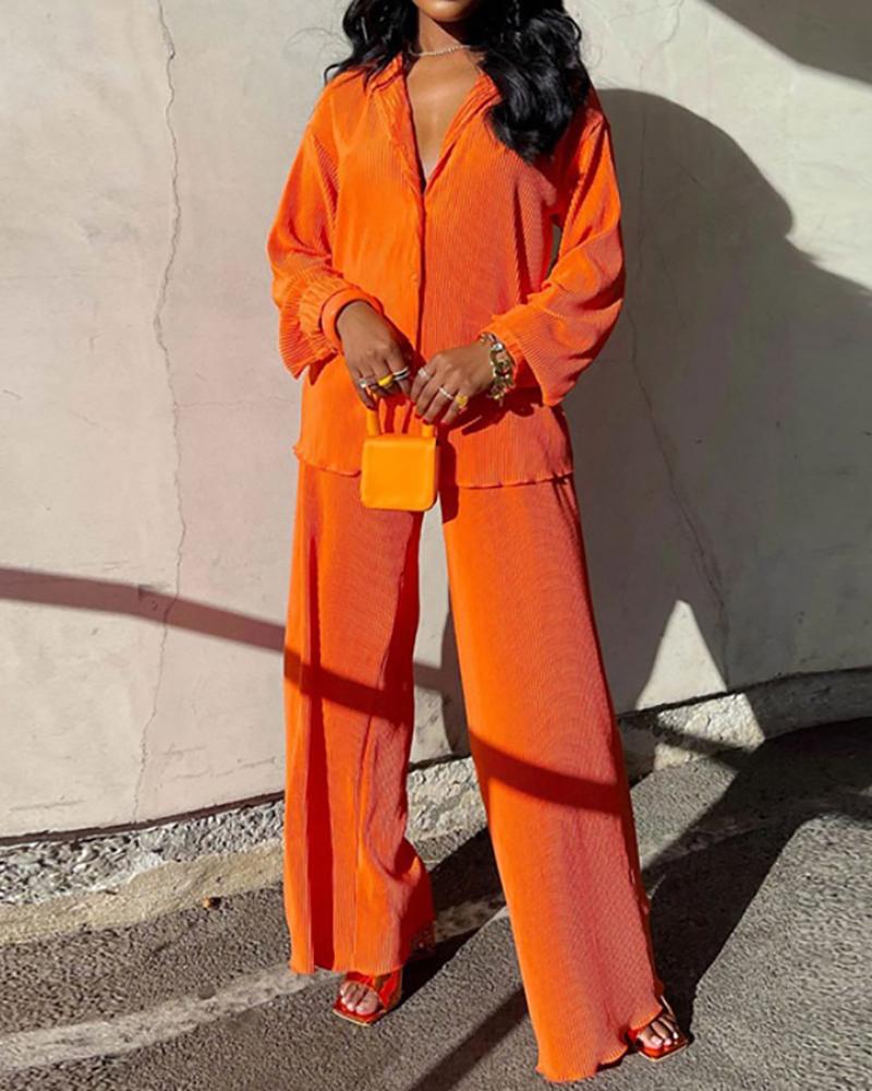 

Pastel Button Front Top & Wide Leg Pants, Orange