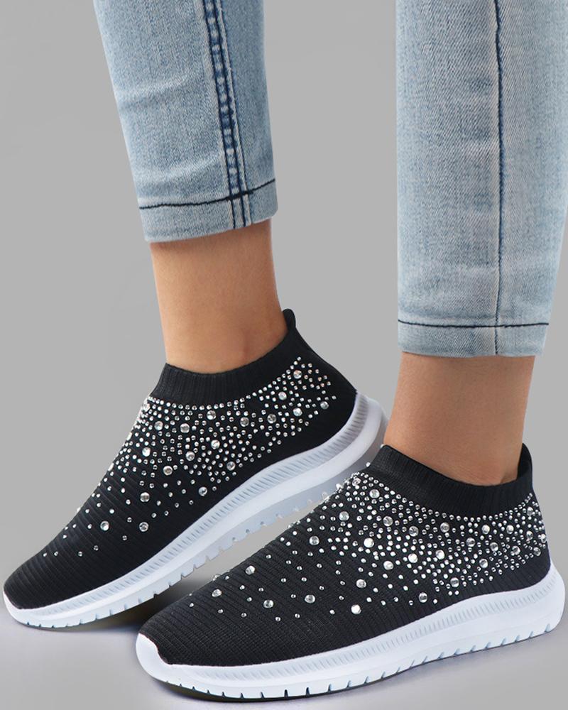 

Rhinestone Round Toe Slip On Sneakers, Black