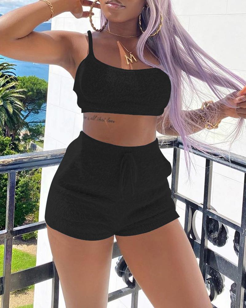 

Spaghetti Strap Fluffy Crop Top & Drawstring Shorts Set, Black