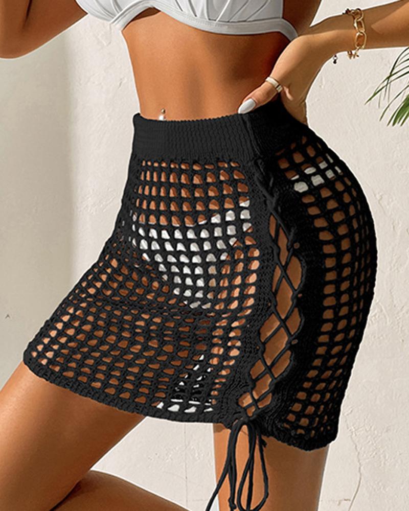 

Lace-up Hollow Out Crochet Cover Up Beach Skirt, Black