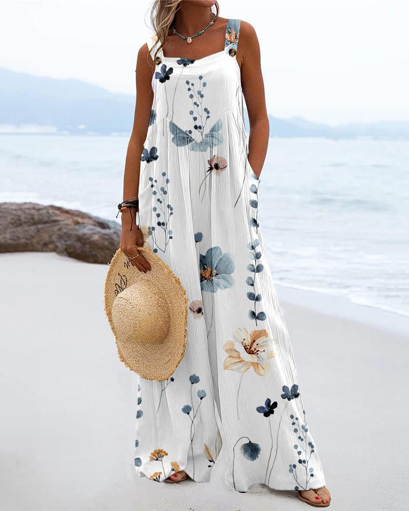 

Floral Print Wide Leg Suspender Jumpsuit, White